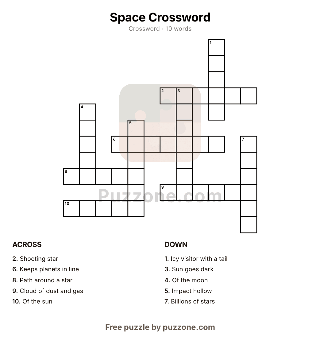 A printable crossword page generated by Puzzone, showing a numbered grid with across and down clue lists
