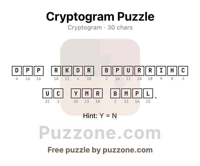 A printable cryptogram page generated by Puzzone, showing a substitution-cipher quote with blank letter slots