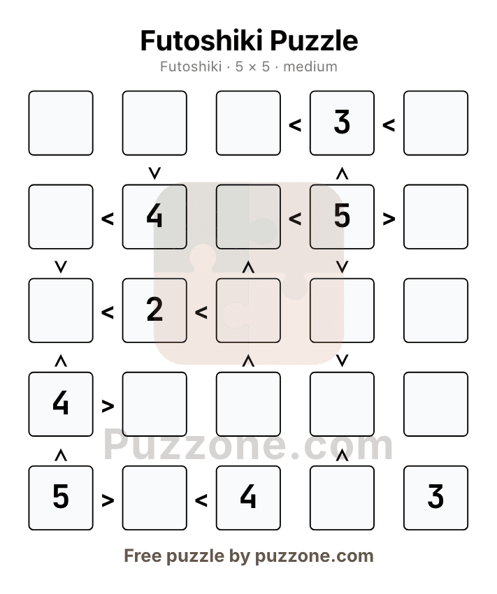 A printable futoshiki page generated by Puzzone, showing a Latin-square grid with inequality signs between cells