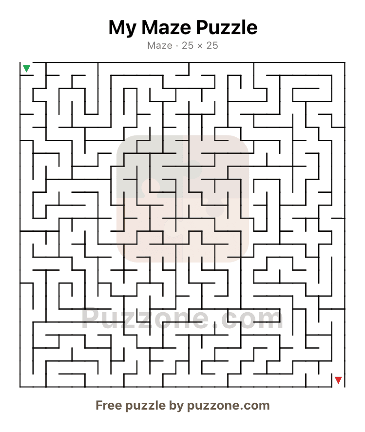 A printable maze page generated by Puzzone, showing a single-solution maze with marked start and finish