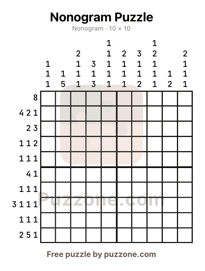 A printable nonogram page generated by Puzzone, showing row and column run-length clues around an empty grid