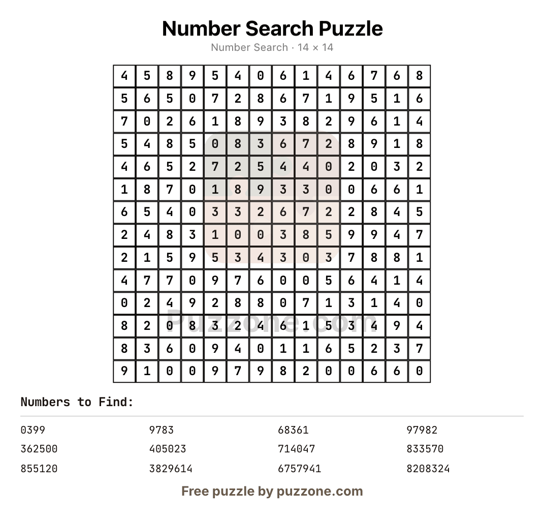 A printable number search page generated by Puzzone, showing a grid of digits and the list of numbers to find