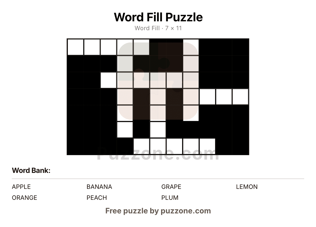 A printable word fill worksheet generated by Puzzone, showing a criss-cross grid and the word bank