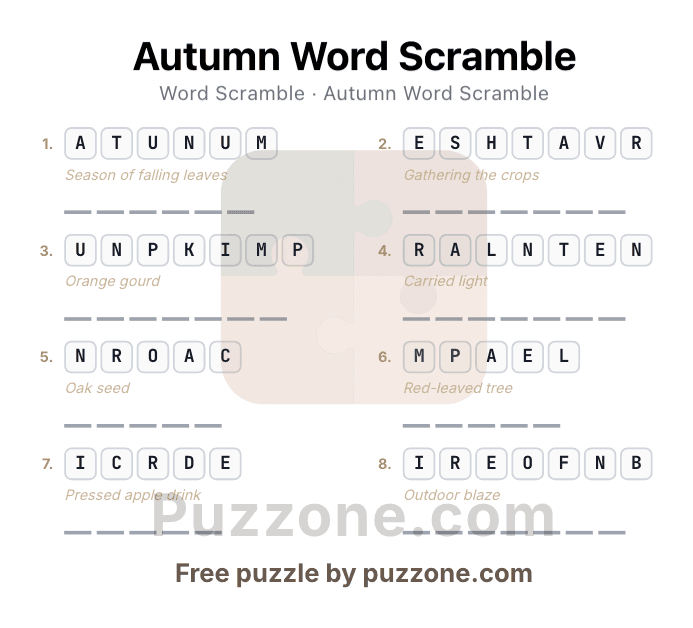 A printable word scramble page generated by Puzzone, showing scrambled words with clues and answer lines