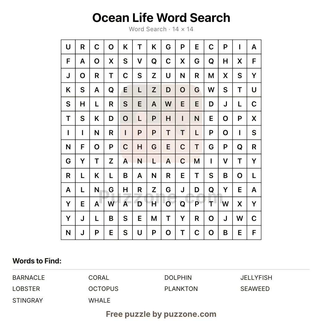 A printable word search page generated by Puzzone, showing the letter grid and the list of words to find