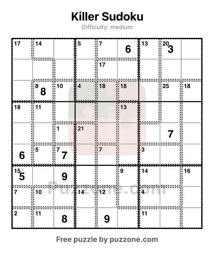 Printable killer sudoku page generated with Puzzone, showing dotted cages with their target sums