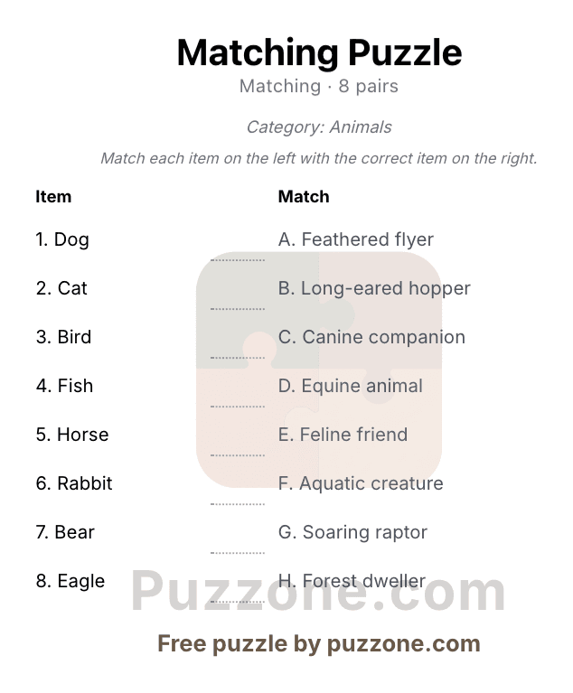 Printable matching worksheet generated with Puzzone, showing numbered items on the left and lettered matches on the right