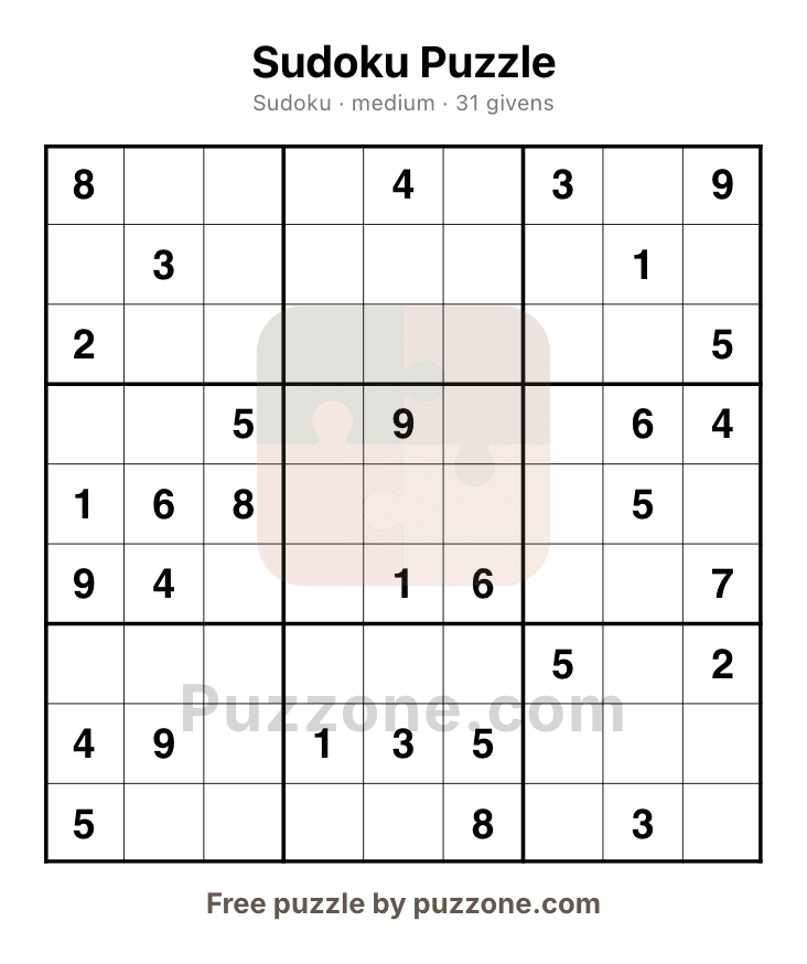 A printable sudoku page generated by Puzzone, showing a 9 by 9 grid with its given digits